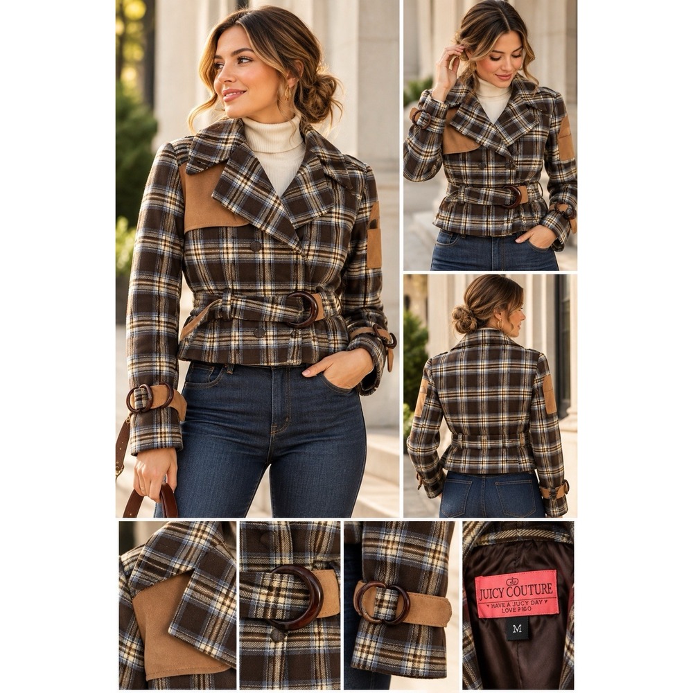 VTG Juicy Couture Medium Brown Plaid Double Breasted Cropped Equestrian Jacket